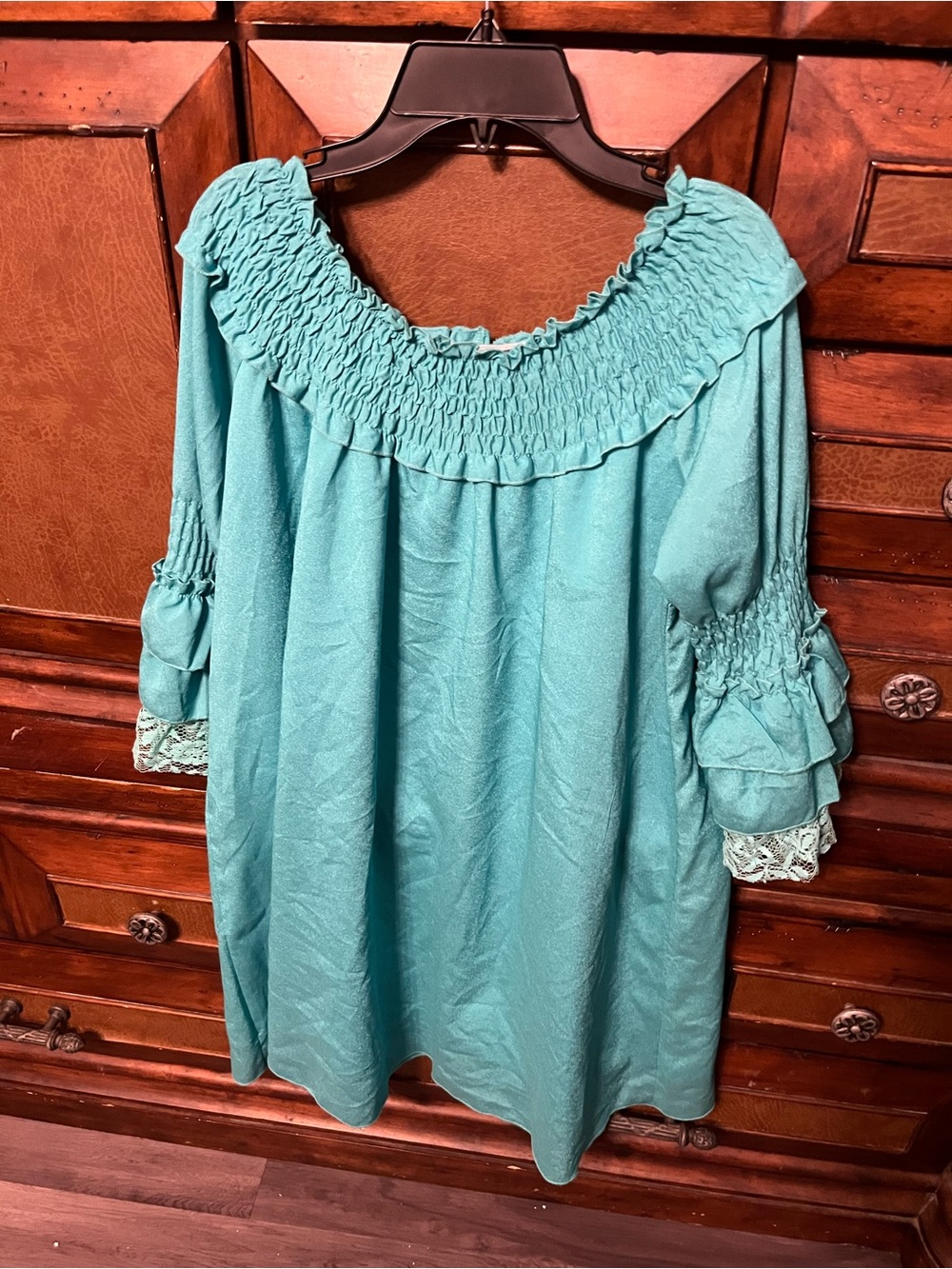 Joyce Women’s Large Turquoise Off Shoulder Peasant Blouse 3/4 Bell Sleeve Top